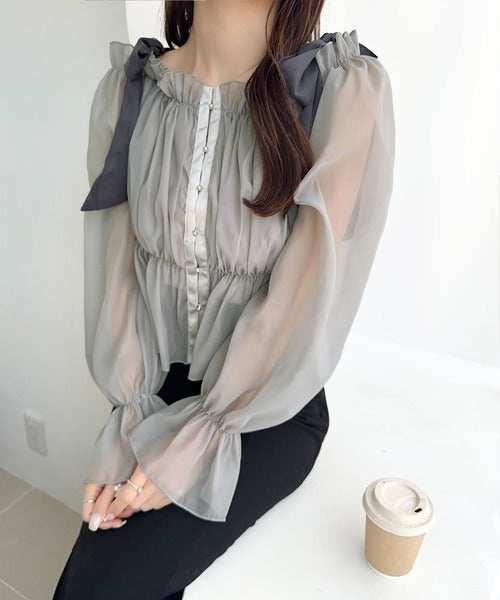 【mily bilet】大人愛され甘め主役級トップス。肩リボンオフショル２WAYオーガンジーブラウス(長袖) mi1359008