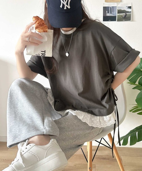 体型カバーも叶う！重ね着風で即こなれ感♪ レイヤード風サイドドロスト裾 綿100％レースビッグTシャツ ce1010463