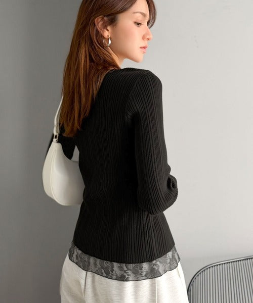 【mily bilet】顔周り、可愛く盛れちゃう！レースドッキング ランダムリブニット トップス(長袖） mi1359074