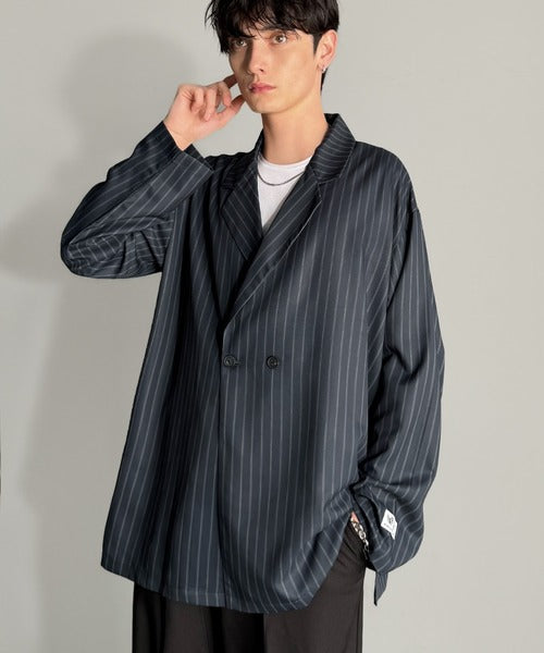 【Classical Origin】「さっと羽織れる。」ストライプ柄ドレープテーラードシャツジャケット／Relaxed Draped Tailored Stripes Shirt Jacket co1150041