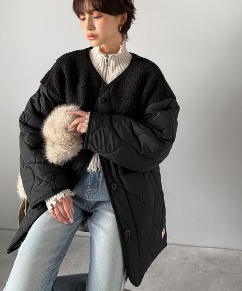《JaVaジャバコラボ》軽くて暖かい、旬顔ボア切替♪ノーカラーひょうたんキルティングコート jv1240103