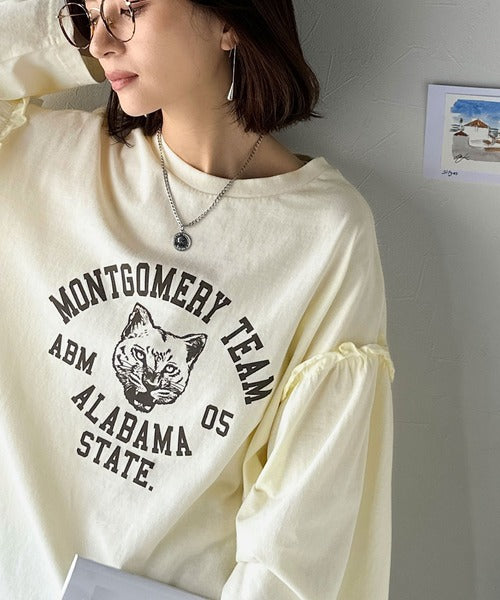 レディなヴィンテージスタイル。綿100％カレッジピグメント袖フリルTシャツ ce1020221