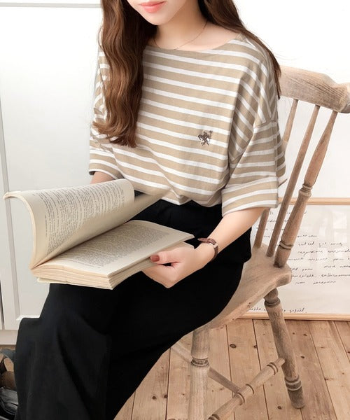 【sustaina+】ラフにキマる大人スタイル。オーガニックコットン100%オーバーサイズパネルボーダーTシャツ(半袖) ce1260324