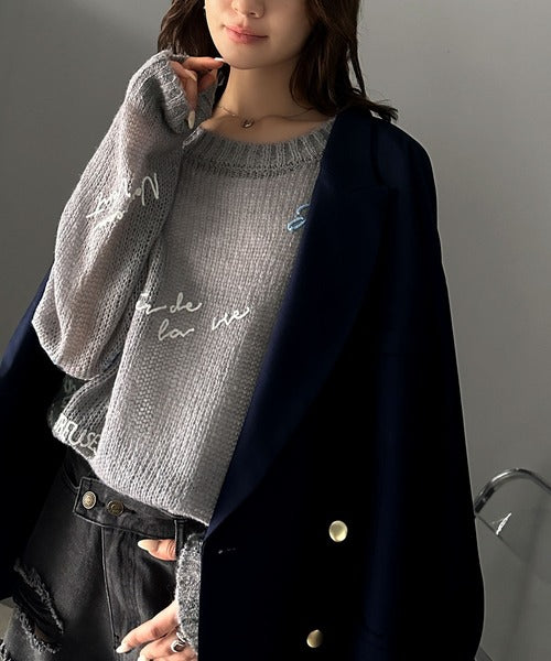 【mily bilet】女性らしさ滲み出る透け感が魅力。透かし編みランダム刺繍ルーズニット mi1029079