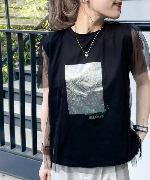【mily bilet】1枚で上級お洒落style。チュール重ね着風シルバー箔プリントTシャツ mi1149050