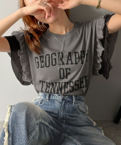 【mily bilet】可愛さふわり2倍増し！ ダブルフリル袖カレッジライクロゴゆるTシャツ mi1329036