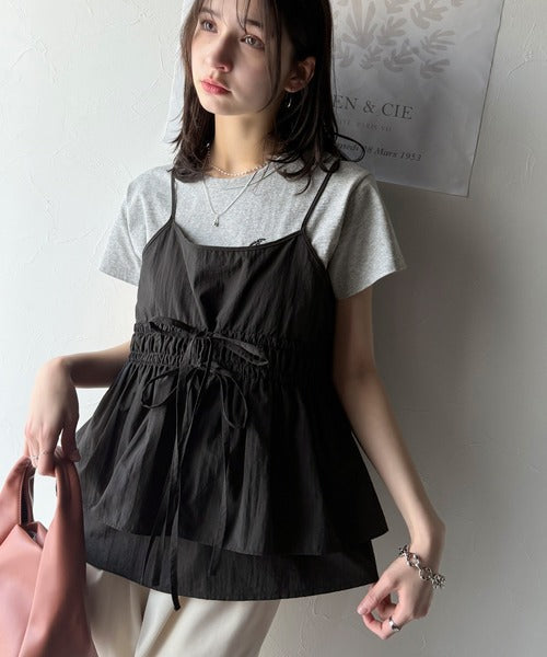 旬のレイヤードスタイルがこれ一着で即完成。ダブルリボン使いキャミ＆ムーン刺繍半袖Tシャツセット ce1265004