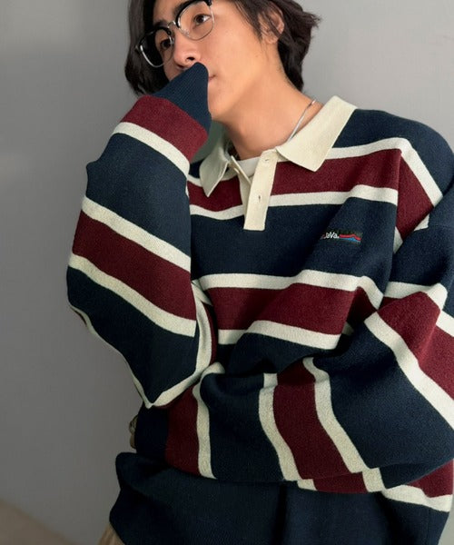 《JaVaジャバコラボ》1枚で洗練された大人の余裕を演出。配色ボーダー柄ポロ襟スウェットライクニット（長袖） jo1250006