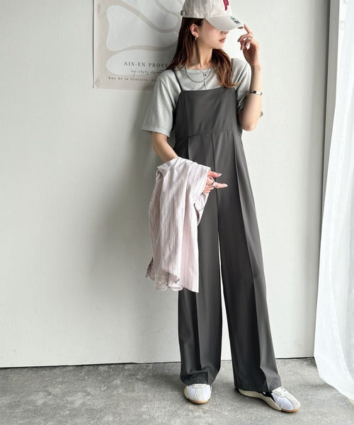 脚長上品シルエット！センタープレス入りストレッチキャミサロペット ce0940242