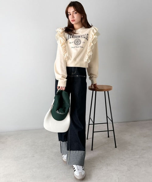 【mily bilet】チュールとフリルで甘く着る。ダブルフリルカレッジロゴ刺繍スウェット mi1329080
