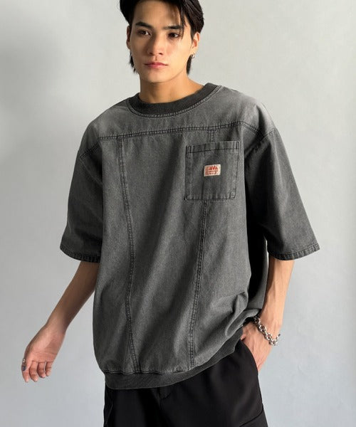 《JaVaジャバコラボ》綿100％ヴィンテージ加工アウターデニムTシャツ jo1010007