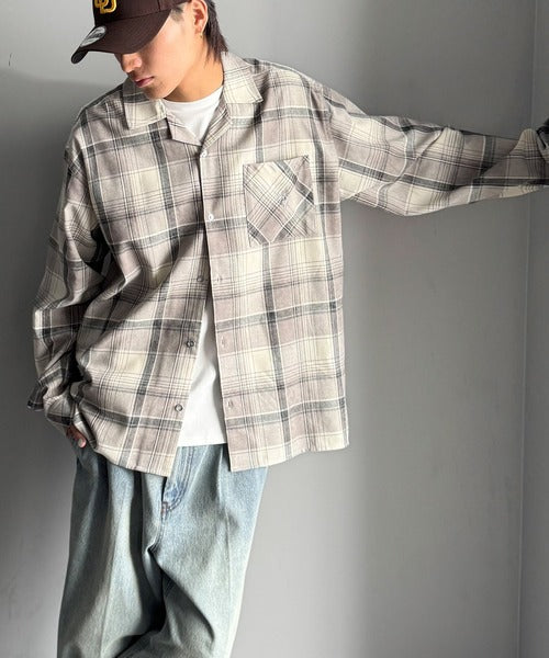 【Classical Origin】自然体のカッコよさ。ヴィンテージ風チェック柄オープンカラーシャツ（長袖）/Vintage-style check pattern open collar shirt co1010024