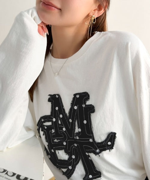 【mily bilet】"秋もこの子と一緒♪"ヴィンテージライクな存在感。ドットデニムフリンジワッペン使いロンT(長袖) mi1329133