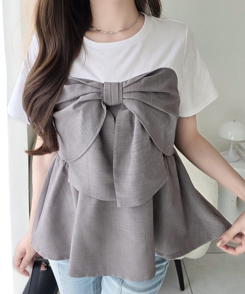 【mily bilet】一枚でサマになる。 フロントリボン布帛コンビ半袖Tシャツ mi1269018