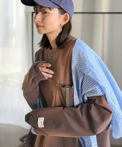 《JaVaジャバコラボ》垢抜け！大人のストリートstyleを作る。綿100％スプレーダイ加工オーバーサイズTシャツ（長袖） jv1020358