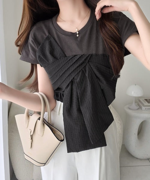 【mily bilet】忙しい朝も悩まない、初夏の一軍トップス。リボンビスチェドッキングTシャツ (半袖) mi1019145