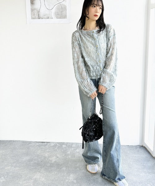 【mily bilet】上質なフェザー素材が生み出す。ふんわり感が魅力の前後2WAYシアーフリンジチュールカーディガン（長袖） mi1019070