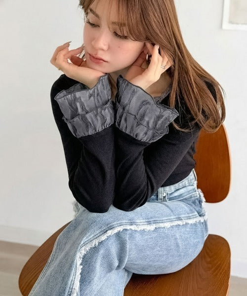 【mily bilet】大人フェミニンを叶える。袖フリルレースヘンリーネックトップス mi1359050