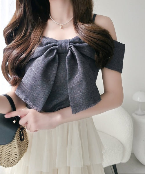 【mily bilet】一枚に大人可愛いを凝縮。リボンデザイントップス×チュールスカートドッキングキャミワンピース (ロング丈) mi1139113
