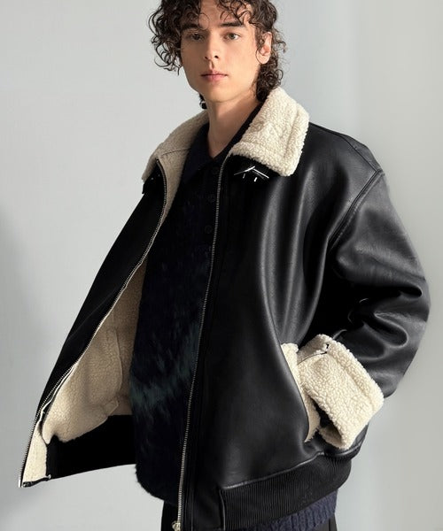 【Classical Origin】「ずっしりかっこいい。」2way襟ボア切り替えフェイクレザージャケット／2way Boa Collar Faux Leather Jacket co1150081