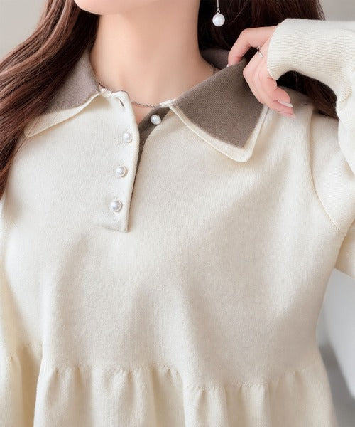 【mily bilet】衿でときめき、裾で華やぐ。パール調ボタン配色ダブルカラーペプラムニット（長袖） mi1359072