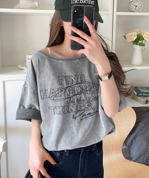 綿100%メンズライクヴィンテージウォッシュ☆前後2way刺繍ワイドネックTシャツ ce1260421