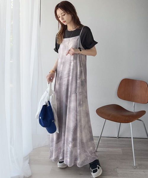 そよ風シフォン♪ふわり柔らかシルエットで“涼”を着回す。前後2wayチュールレイヤードロングキャミワンピース（ブラック＆マーブル柄） ce1240090