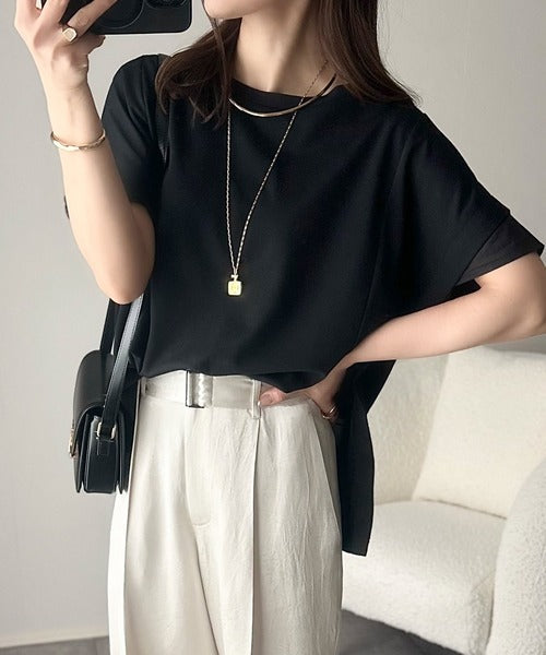 大人の女性を魅力的に引き立てる。袖口シアー切り替え 半袖 Tシャツ ce1110095