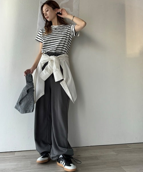 【sustaina+】オーガニックコットン100%。胸元ラメ糸ワンポイント刺繍 無地＆ボーダー柄Tシャツ（半袖） ce1260397