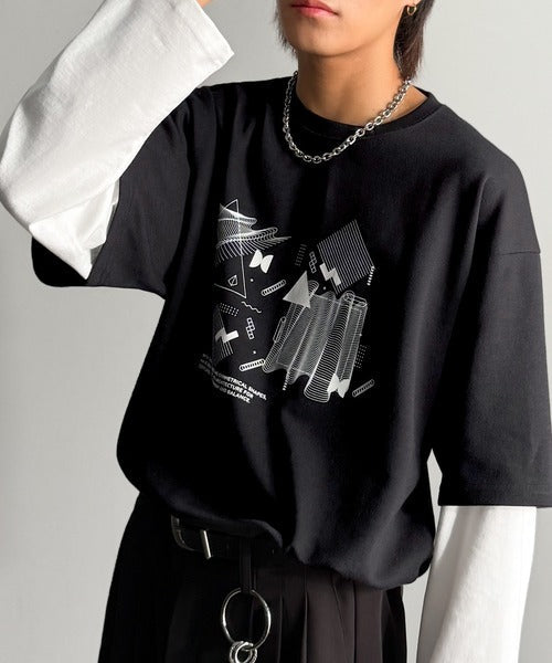 【Classical Origin】幾何学柄ポンチ素材レイヤードTシャツ(長袖)／Geometric Pattern Ponte Layered T-Shirt co1150050