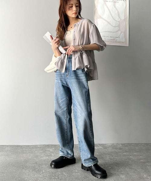 ふんわりフリルで可愛さ倍増！2重ボリューム袖透けティアードブラウス（半袖） ce0940243