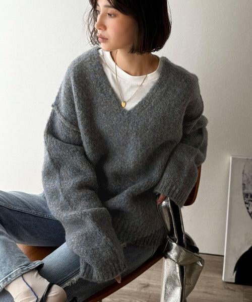 《JaVaジャバコラボ》大人カジュアルならこの1枚。ミックスカラー深Vネックニット jv1020316