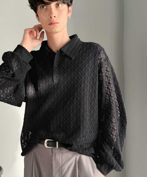 「透け感、モードの余韻。」衿ダブルライン使いレース柄ニットポロシャツ／Double-Line Collar Lace Pattern Knit Polo Shirt co1010049