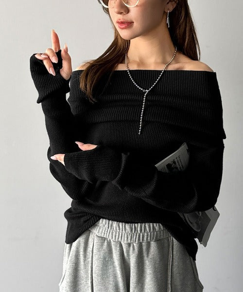 【mily bilet】立体的なシルエットが叶えるデコルテ魅せ♪指穴ドレープ使いファンオフショル２WAYリブニット mi1029137
