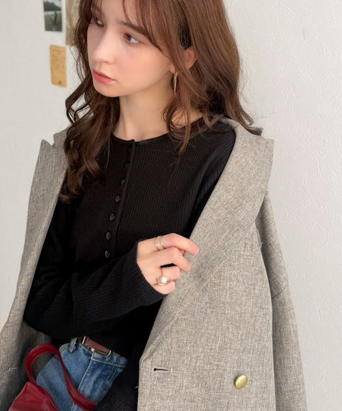 フィット感でフェミニンさを演出◎ヘンリーネックリブニット（長袖） ce1020391