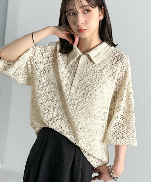 「透け感、モードの余韻。」衿ダブルライン使いレース柄ニットポロシャツ/Lace Detail Knit Polo Shirt co1010010