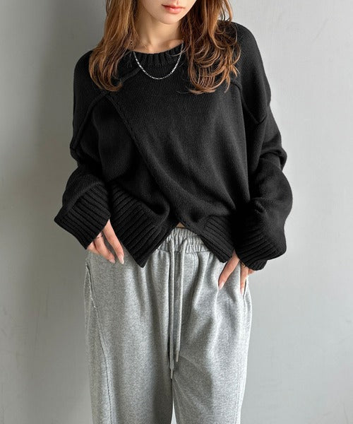 【mily bilet】ゆるっとシルエットが魅せる、大人の余裕。前後２WAYフロント切り替えニットプルオーバー（長袖） mi1329046