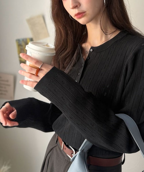 透かし柄にひと目惚れ♪大人フェミニン、アイレット柄ヘンリーネックニット (長袖) ce1020405