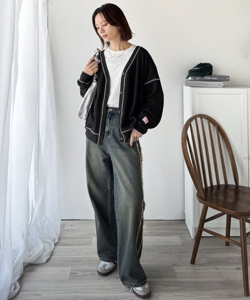 《JaVaジャバコラボ》ラフで上品な大人のゆるカジュアル。配色ステッチVネックワッフルカーディガン（長袖） jv1260505