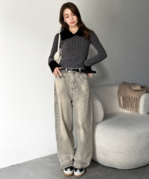 【mily bilet】可愛さ、ふわり2倍増し◎配色ファー衿リブニットプルオーバー（長袖） mi1029145