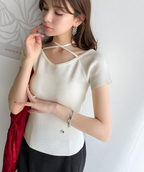 【mily bilet】お洒落この夏さらっと着れる♪チョーカーリボン紐付きサマーニットトップス(半袖) mi1029110