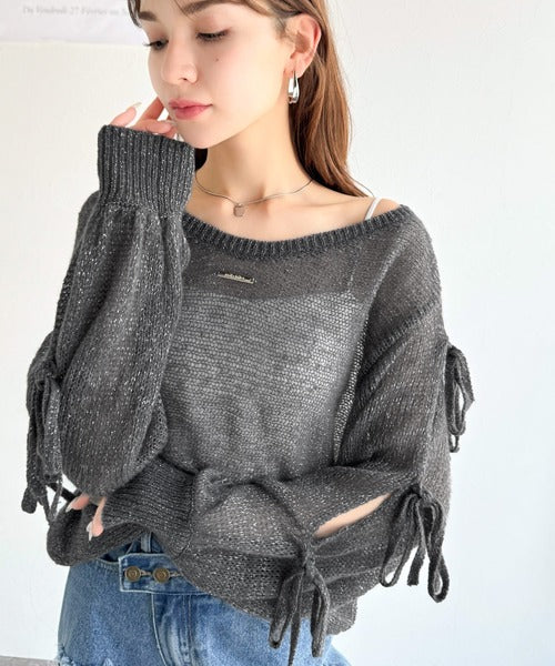 【mily bilet】大人のきらめき。プレートデザイン透かし編み袖リボンラメニット(ワンオフショル2way) mi1259009