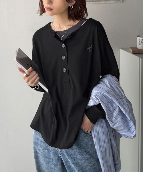 着回し力抜群♪リラックスシルエットで程よい抜け感◎胸刺繍ヘンリーネックトップス ce1020324