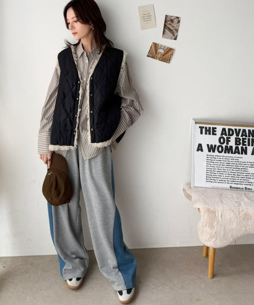 《JaVaジャバコラボ》可愛さも、こなれ感もこれ1枚で。キルティング×ボア 2wayリバーシブルVネックベスト jv1265103