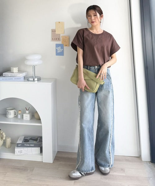 《JaVaジャバコラボ》背中で魅せる。バック刺繍フレンチスリーブTシャツ（半袖） jv1050358