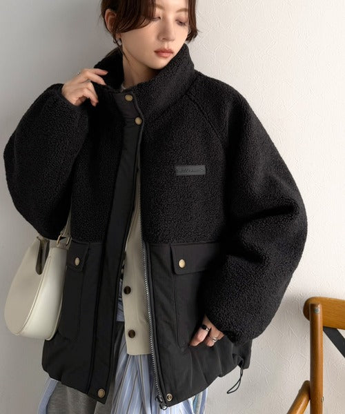 《JaVaジャバコラボ》暖かく包み込む、私のもこもこちゃん♪異素材MIXボア×ナイロン切替スタンドカラージャケット jv1240139