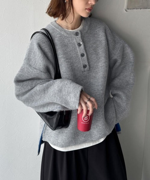 自然な華奢見え。さりげない配色でこなれ感を演出♪ダブルフェイス素材クルーネック配色ニットプルオーバー（長袖） ce1380004