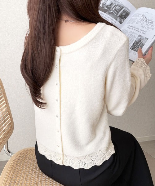 【mily bilet】裾レースとパールが、大人の甘さを引き立てる。前後2way配色ニットレースカーディガン mi1029195