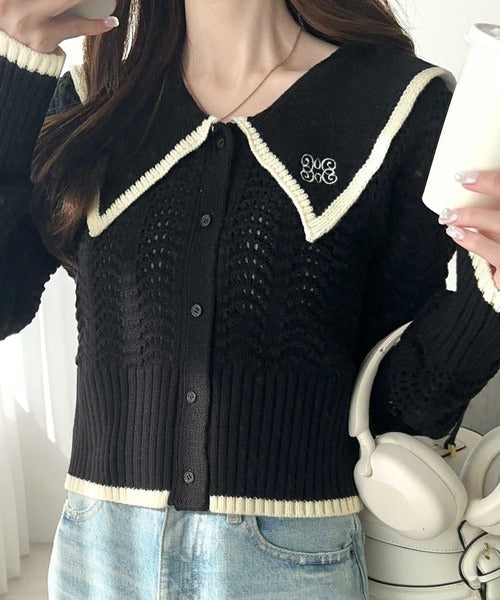 【mily bilet】上品に華やぐ一枚。襟刺繍柄編みビッグ襟ニットポロシャツ(長袖) mi1029097