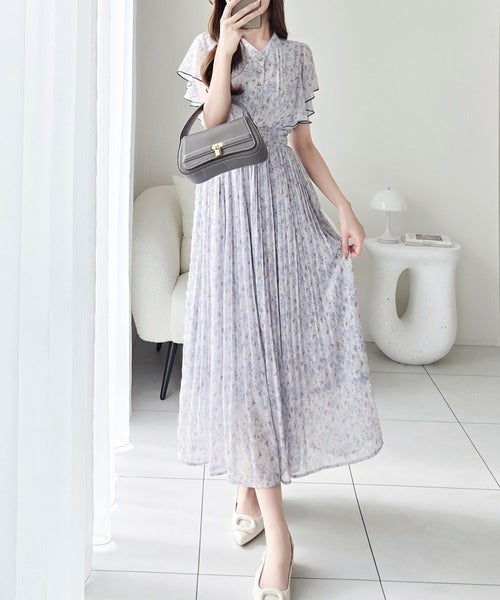 【mily bilet】水彩調の花柄が目を惹く、大人の袖フリルプリーツワンピース（半袖） mi1139116